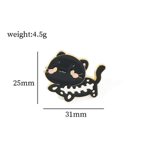 Cute Halloween black cat enamel pin with white bone patterns and dimensions 31x25mm