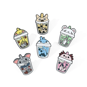 Cute animal bubble tea enamel pins featuring cartoon dog, dolphin, and elephant designs