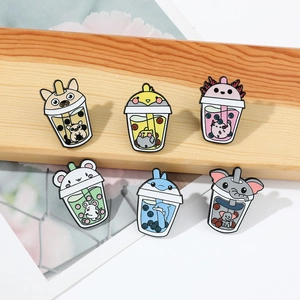 Detailed set of six cartoon animal bubble tea enamel pins featuring a dog, dolphin and mouse