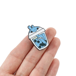 Cute enamel dolphin milk tea cup pin with blue pearls and cartoon creative design