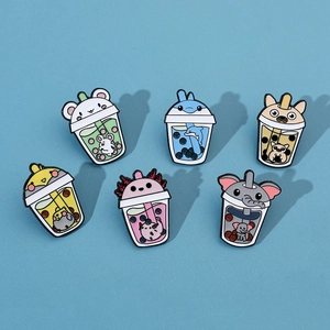 Cute Cartoon Animal Bubble Tea Enamel Pin Alloy Drip Oil Elephant Dolphin Axolotl Bulldog Brooch Badge For Clothes Bag Decoration