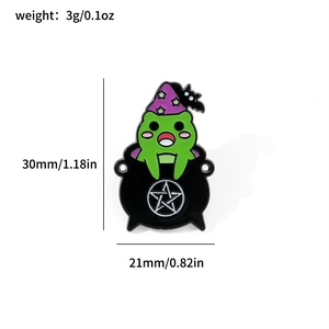 Cartoon wizard frog enamel pin with purple star hat and black cauldron for Halloween