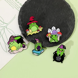 Detailed set of 5 cartoon frog enamel pins with wizard hats and magic motifs