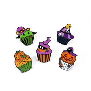 5-piece creative Halloween cupcake enamel pins set with pumpkin, skull, and wizard hat
