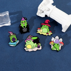 Detailed set of five cartoon magic frog enamel pins with wizard hats for Halloween decor
