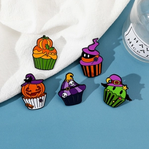Detailed set of five Halloween cupcake enamel pins with pumpkin and skull designs