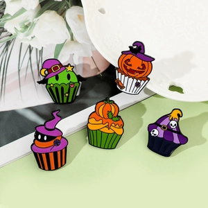 Set of five Halloween cupcake enamel pins featuring pumpkin and skull themed designs