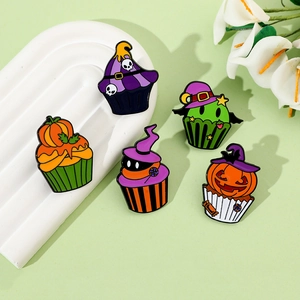 Detailed close-up of 5 Halloween cupcake enamel pins with pumpkins and ghosts