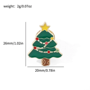 Christmas tree enamel pin with colorful dots and yellow star, size 26mm by 20mm