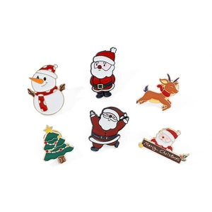 6-piece set of cute Christmas enamel pins featuring Santa, reindeer, and snowman designs