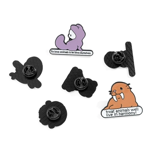 Cartoon animal enamel pins with environmental slogans and butterfly clutch back