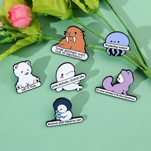 Set of 6 cartoon marine life enamel pins with slogans like Protecting Oceans and Let it live