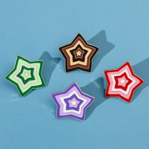 Detail view of colorful star badges in green, brown, purple and red with gold borders