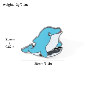 Blue dolphin enamel pin detail with precise 21mm x 28mm size and 3g weight labels