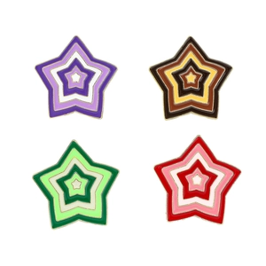 Set of four star-shaped enamel pins with colorful gradient drips and golden edges
