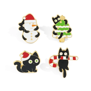 Set of 4 cute Christmas enamel pins featuring black cats with snowmen and trees