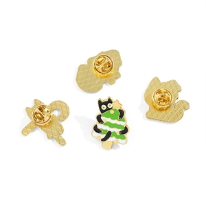 Cartoon black cat climbing a Christmas tree enamel brooch pin with butterfly clasp backings