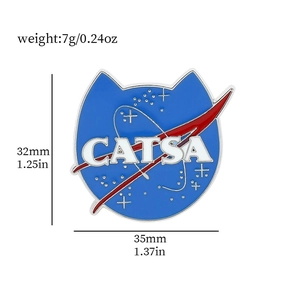 Detail of CATSA enamel cat pin with NASA style logo dimensions 35mm by 32mm