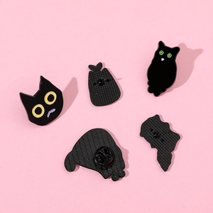 Set of 5 cartoon black cat enamel pins showing front details and butterfly clutch backs