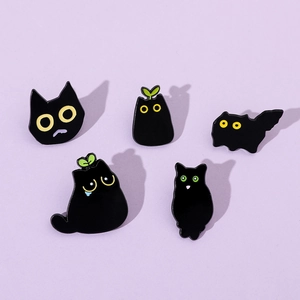 Set of five cute black cat enamel pins featuring diverse cartoon expressions and poses