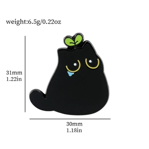 Cute cartoon black cat enamel pin with green sprout and blue teardrop, 31mm size