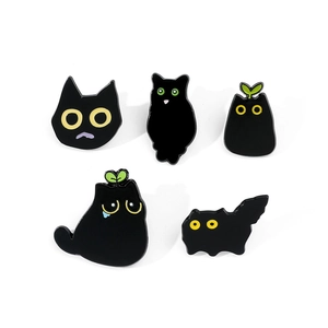Set of 5 cute cartoon black cat enamel pins with creative crying and sprouting cat designs