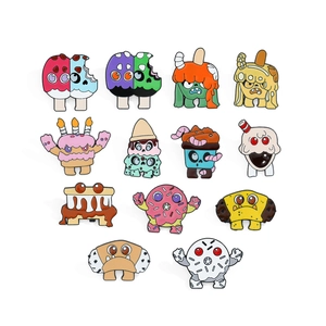 Cartoon monster dessert enamel pins set featuring donut, ice cream, and cake designs