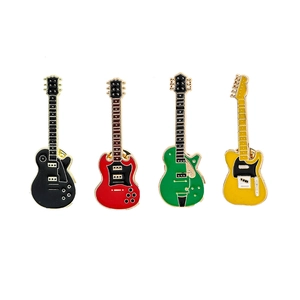 Detailed view of four colorful guitar-shaped alloy badges in black, red, green, and yellow