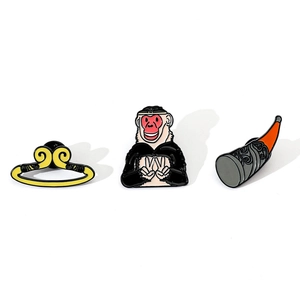 Three-piece Sun Wukong enamel pin set with golden hoop and Ruyi Jingu Bang staff