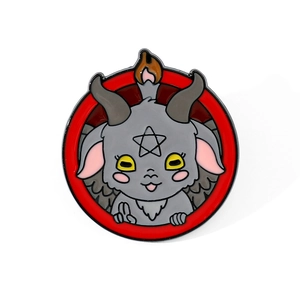 Cartoon Baphomet enamel pin with black goat horns and pentagram on red background