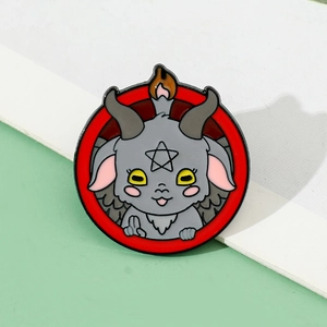 Macro shot of cartoon devil goat enamel pin badge with pentagram and red background