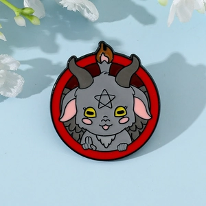 Detail of grey Baphomet enamel pin with red circle and pentagram star design