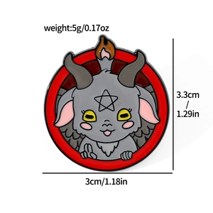 Cartoon Baphomet enamel pin with red circle and flame detailing in durable alloy metal
