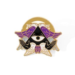 Cartoon Cthulhu Angel metal enamel pin featuring a mystic eye and purple wings on white background