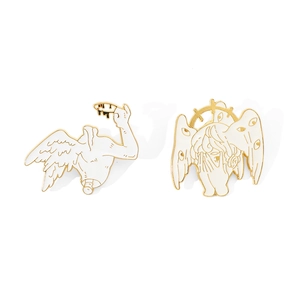 Gothic Cthulhu angel enamel pin set with white finish and mysterious eye wings design
