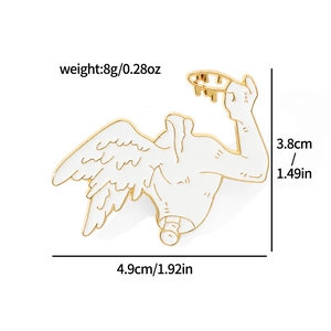 Detailed view of white seraphim enamel brooch with wing design and product dimensions