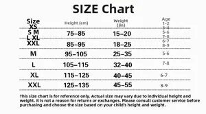 Detailed size chart for children's navy stripe swimsuit with height and weight guides