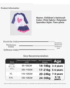 Size chart for girls' long sleeve polka dot swimsuit with height and weight guide