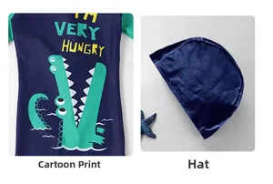 Boy's navy swimsuit with green crocodile print and matching swim cap detail