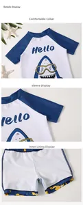 Detailed views of boy's shark swimsuit featuring neckline, cuffs and inner lining stitching