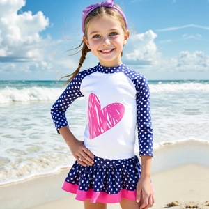 Girls Long Sleeve Sun Protection Swimsuit Polka Dot Heart Print Swimwear Ruffle Skirted Bottom Top And Pants