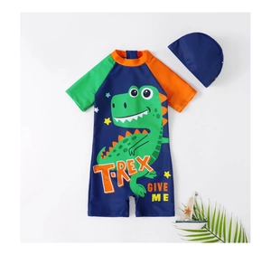 Detailed flat lay of boys dinosaur one-piece swimsuit and matching swim cap set