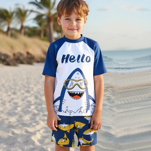 Boys Cartoon Shark Swimwear Short Sleeve Rash Guard Top And Trunks And Hat For Kids Beach Pool Bathing Outfit