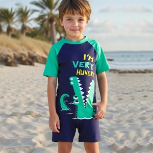 Boys One Piece Swimsuit With Swim Cap Cartoon Crocodile Quick Dry Rash Guard Sun Protection Kids Swimwear For Beach Pool