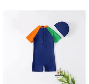 Kids quick-dry dinosaur swimsuit set with short sleeves, back zipper and sun hat