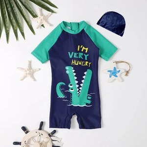 Kids dinosaur swimwear set with short sleeve one-piece swimsuit and blue swim cap
