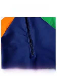Detail of child swimsuit neckline with colorful patchwork design and durable resin zipper