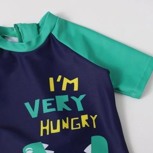 Quick-dry boys dinosaur swimwear with mint green sleeves and navy blue main body