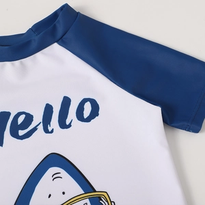 Kids short sleeve swim top with cute cartoon shark and blue raglan sleeves