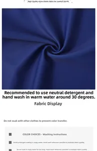 Detail of dark blue quick-dry fabric showing smooth texture and laundry care instructions